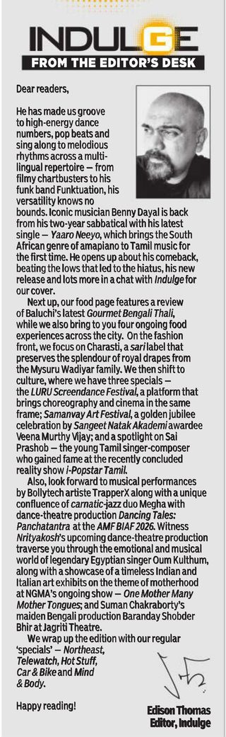 From the Editor's Desk, Indulge, 18 September 2026, page 2, naming the Samanvay Arts Festival among the edition's culture specials