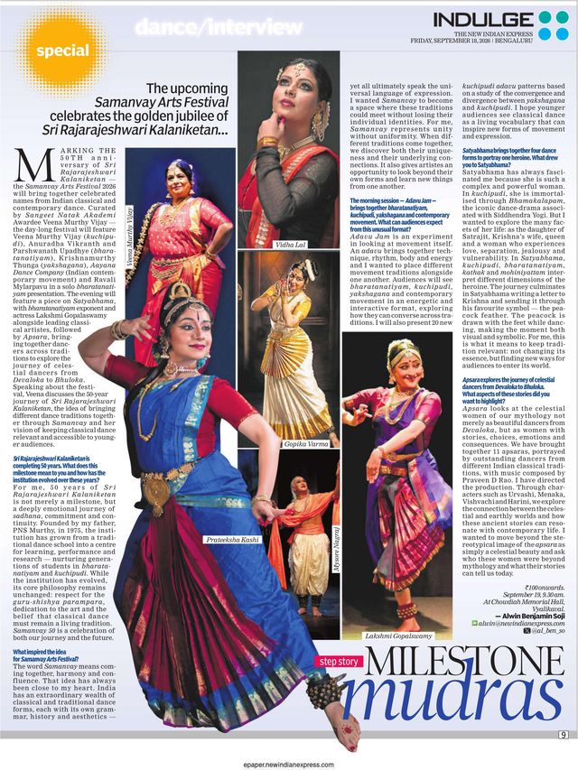Full-page feature 'Milestone Mudras' in Indulge, The New Indian Express, 18 September 2026, with photographs of Dr Veena Murthy Vijay, Vidha Lal, Gopika Varma, Prateeksha Kashi, Mysore B. Nagaraj and Lakshmi Gopalaswamy